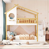 Harper & Bright Designs Twin Over Twin Bunk Bed with Stairs, Stairway House Bunk Bed Frame with Storage and Guard Rail for Kids Girls Boys (Natural and White) Harper & Bright Designs