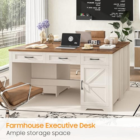 Halitaa Farmhouse 55" Executive Desk,Computer Desk with 3 Drawers and Storage Cabinet,Workspace for Home Office and Study. Halitaa