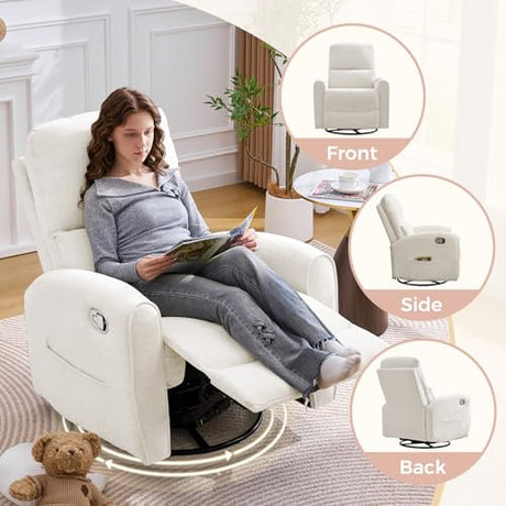 AEMEIOS Swivel Rocker Recliner, Manual Swivel Glider Nursery Recliner Chair with Adjustable Headrest and Lumbar Support, Rocking Recling Chairs for Small Space, Living Room, Bedroom, White AEMEIOS