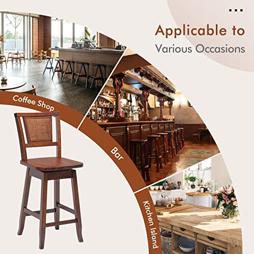 COSTWAY Bar Stools Set of 2, 24.5 Inch Counter Height Bar Stool with Rattan Back, 360°Swivel Seat, Comfortable Footrests, Rubber Wood Bar Stools for