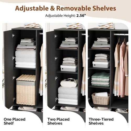 VINGLI Rattan Wardrobe Closet, Armoire Closet with Drawers & Hanging Rod, Armoire with Shelves and Doors, Wooden Wardrobe for Hanging Clothes, Black, 68.9" H VINGLI