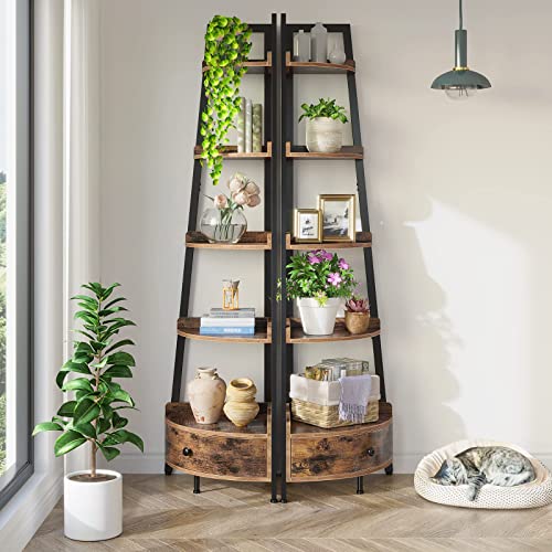 Seventable Rustic Brown 5-Tier Corner Shelf with Drawer – Versatile Storage Solution for Home and Office - WoodArtSupply