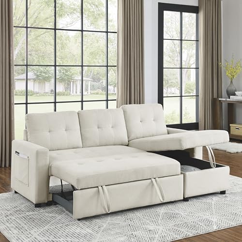 L-Shaped Reversible Sleeper Sectional Sofa Pull Out Couch Bed , Button Tufted Linen Convertible Pullout Sofabed with Storage Chaise Lounge and Detachable Cushion Back for Living Room Apartment Corner Eafurn