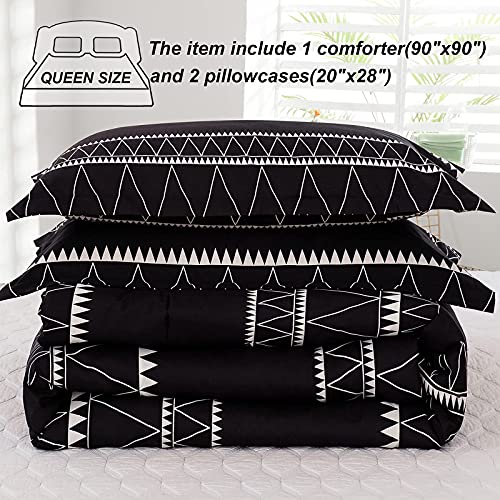 WONGS BEDDING Black Comforter Set Queen Reversible Boho Triangle Striped Down Alternative Comforter Set for Queen Bed - 3 Pieces (1 Comforter + 2 Pillowcases), Soft Microfiber Bedding Set 90"x 90" WONGS BEDDING