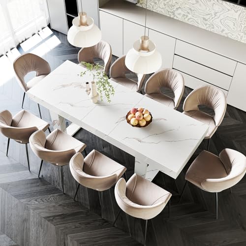 STHOUYN White Marble Extendable Dining Room Table for 8 10, 70.9" (86.6") x 31.5", Rectangle Dinner Table for 6-10, Modern Expandable Retractable Kitchen Table (White) STHOUYN