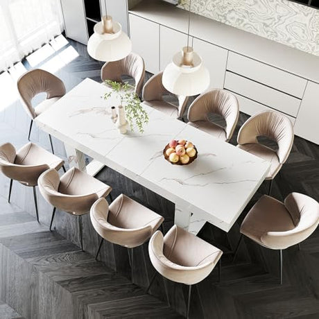 STHOUYN White Marble Extendable Dining Room Table for 8 10, 70.9" (86.6") x 31.5", Rectangle Dinner Table for 6-10, Modern Expandable Retractable Kitchen Table (White) STHOUYN