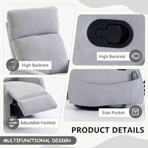 HRVEOCEI Small Recliners for Small Spaces, Manual White Recliner Rocking Chair for Nursery, Velvet Swivel Glider Recliner with Heat and Massage, Side Pockets, Living Room Bedroom (Light Grey)