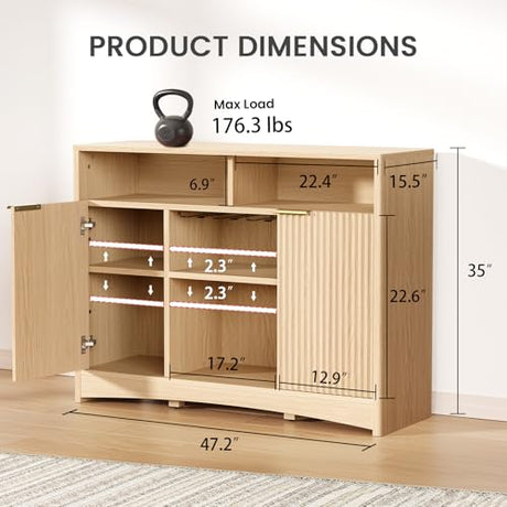 Amada Coffee Bar Cabinet with Wine Glass Rack, 47.2" Buffet Sideboard with Adjustable Shelves, Storage Cabinet for Kitchen,Entryway,Dining Room, Home Bar, Holds 200 lbs, Soft-Close Hinges,Natural Oak AMADA HOMEFURNISHING