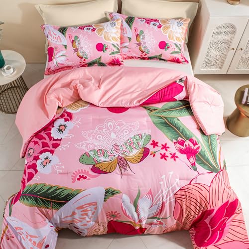 Tyrot Pink Boho Floral King Comforter Set - 3 Piece Farmhouse Botanical Bedding Comforter Sets for All Season Soft Lightweight Mid Century Modern Bed Set, (1 Reversible Comforter and 2 Pillow Shams Tyrot