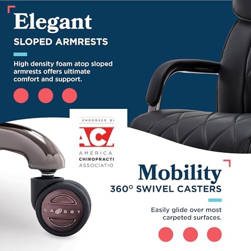 La-Z-Boy Symphony Executive Mid-Back Office Chair, Diamond Quilt Seat and Back, Pocket Coil Cushion, Padded Armrests, Ergonomic Computer DeskChair, Swivel Metal Base, Bonded Leather, Black/Graphite La-Z-Boy