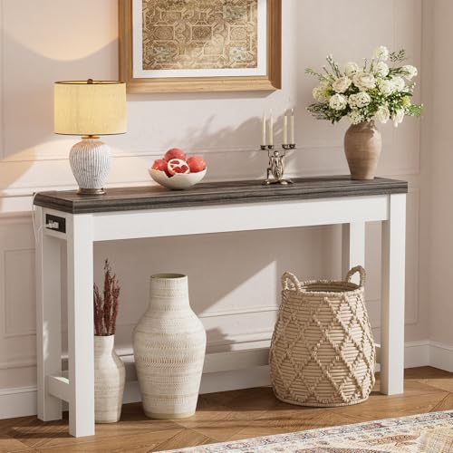Cyclysio 47" Console Tables for Entryway, Narrow Console Tables for Living Room, Behind Couch Table, Sturdy Wood Support Hallway Table with 3AC+2USB Charging‌ Station, Oak Cyclysio