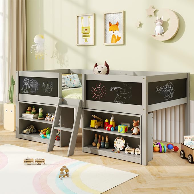 KOMFOTT Twin Size Low Loft Bed, Kids Loft Bed Frame with Movable Storage Shelves, Chalkboard & Ladder, Solid Wood Twin Bed with Under-Bed Play Area for Kids, Boys & Girls, No Box Spring Needed, Grey KOMFOTT