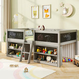 KOMFOTT Twin Size Low Loft Bed, Kids Loft Bed Frame with Movable Storage Shelves, Chalkboard & Ladder, Solid Wood Twin Bed with Under-Bed Play Area for Kids, Boys & Girls, No Box Spring Needed, Grey KOMFOTT