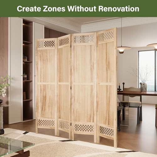 Privacy Screen Room Divider Panel - 67 Inch Tall Natural Wood Folding Partition Room Dividers, No-Assembly Required, Enhance Privacy and Aesthetic Appeal, Ideal for Home or Office Natural 4 Paned Svimi
