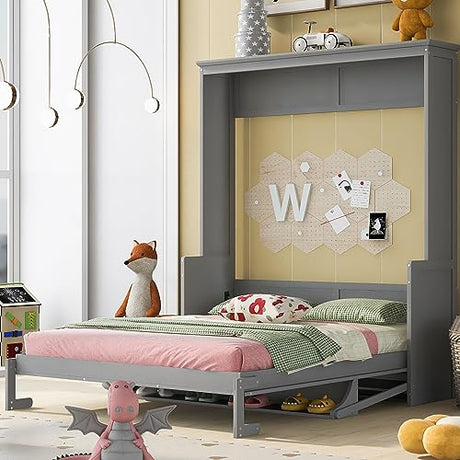 URTR Queen Size Murphy Bed with a Shelf, Easy Fold Wood Wall Bed, Space-Saving Murphy Bed Cabinet for Guest Room Home Office,Grey URTR