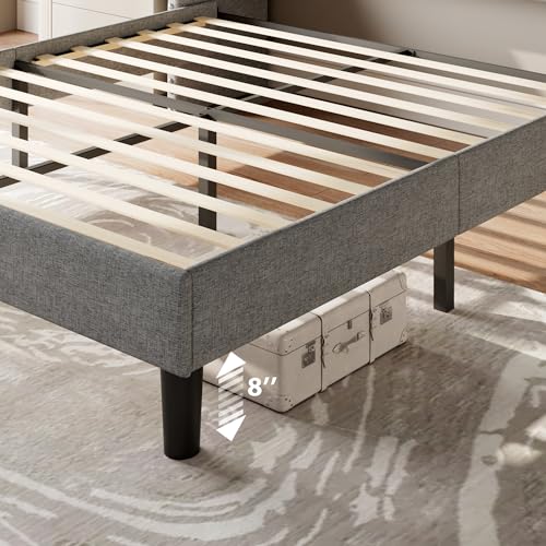 Feonase Full Size Bed Frame with Luxury Wingback and Fast Charging Station,Full Upholstered Button Tufted Storage Headboard Platform Bed,Sturdy Wooden Slats Support,Easy Assembly,Noise-Free,Light Gray Feonase