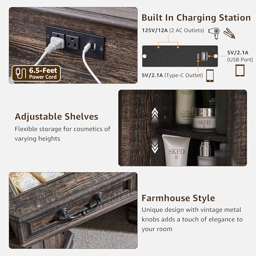 T4TREAM Makeup Vanity Desk 48" with 3 Way Mirror and Lights, Large Farmhouse Corner Vanity Dressing Table with Glass Top & Charging Station, 3 Drawers & 2 Storage Cabinets, Dark Rustic Oak T4TREAM