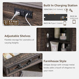T4TREAM Makeup Vanity Desk 48" with 3 Way Mirror and Lights, Large Farmhouse Corner Vanity Dressing Table with Glass Top & Charging Station, 3 Drawers & 2 Storage Cabinets, Dark Rustic Oak T4TREAM