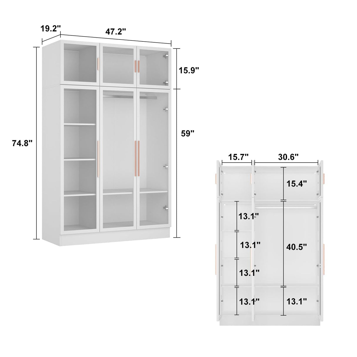 Hitow Wardrobe Cabinet with LED Light Strips, Armoire Closet with Glass Doors, Wooden Large Wardrobe with 5 Tiers Shelf & Hanging Rod, Modern Bedroom Armoire Clothes Organizer, White 47.2" W Hitow