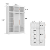 Hitow Wardrobe Cabinet with LED Light Strips, Armoire Closet with Glass Doors, Wooden Large Wardrobe with 5 Tiers Shelf & Hanging Rod, Modern Bedroom Armoire Clothes Organizer, White 47.2" W Hitow