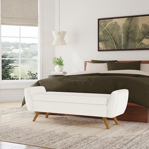 HomePop Modern Storage Bench with Wood Legs Home Décor|Bench with Storage for Living Room & Bedroom - Cream Textured Woven HomePop