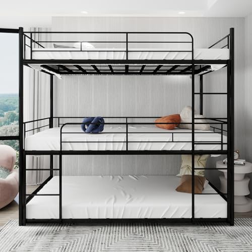 AEMSOFK Metal Triple Bunk Bed, Twin Triple Bunk Bed, 3 Bed Bunk Beds for 3, Heavy Duty Triple Beds for Kids, Slat Support,Noise Reduced Structure,No Box Spring Needed(Black) AEMSOFK