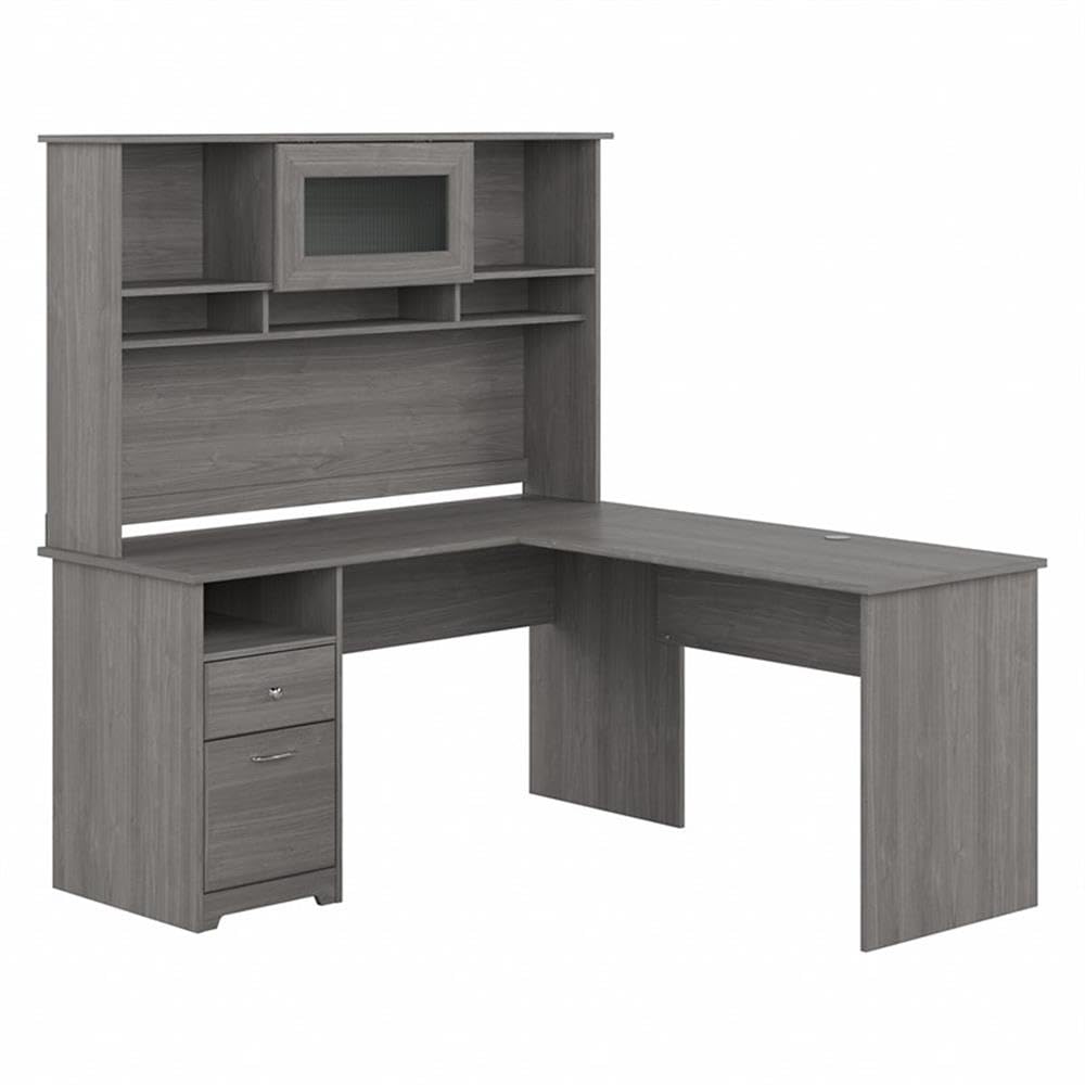 Bush Furniture Cabot 60W Single Pedestal L Desk with Hutch, Modern Gray Bush Business Furniture