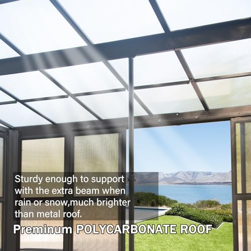 Domi 10x12FT Wall Mounted Sunroom Gazebo, Aluminum Enclosed Gazebo with 2 Lockable Sliding Doors,Sloping Polycarbonate Roof&Moveable PVC Screen, Outdoor Sun Room Lean to Gazebo for Deck Patio domi outdoor living