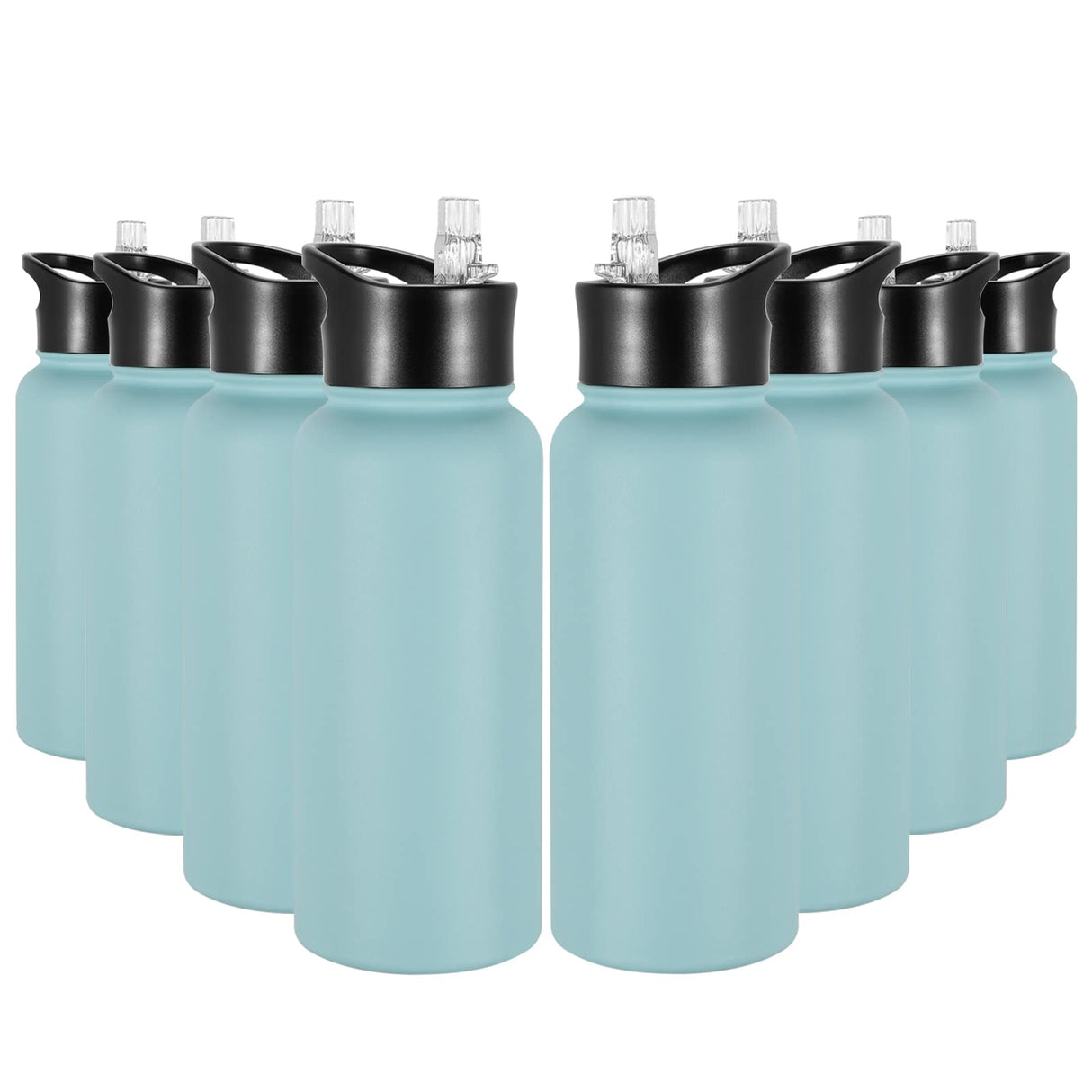 VQRRCKI 32 oz Insulated Water Bottle Bulk 8 Pack, Stainless Steel Sports Water Bottles with Straw Lid & Wide Mouth Lids, Double Walled Vacuum, Leak Proof, Turquoise Blue VQRRCKI