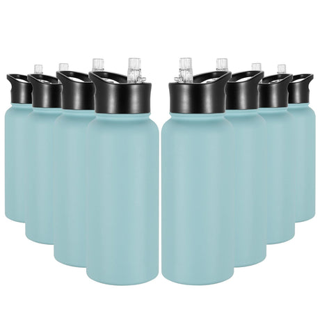 VQRRCKI 32 oz Insulated Water Bottle Bulk 8 Pack, Stainless Steel Sports Water Bottles with Straw Lid & Wide Mouth Lids, Double Walled Vacuum, Leak Proof, Turquoise Blue VQRRCKI