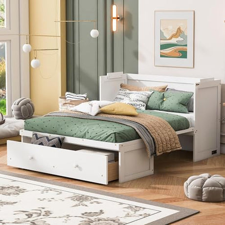 Merax Murphy Bed Cabinet Full Size with Storage Drawers, Chest Cube Bed for Guest Room, Built-in Sockets & USB Ports, for Home Office or Small Bedroom, White Merax