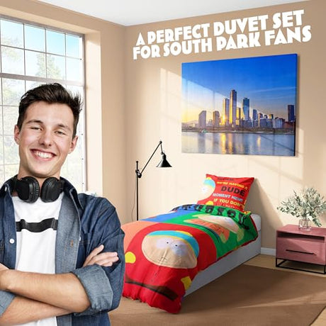 South Park Reversible Duvet Cover & Pillowcase Set for Teens, Men, Single or Double Bed Set, Bedding Decor, Gifts for Him (Multi Single) South Park