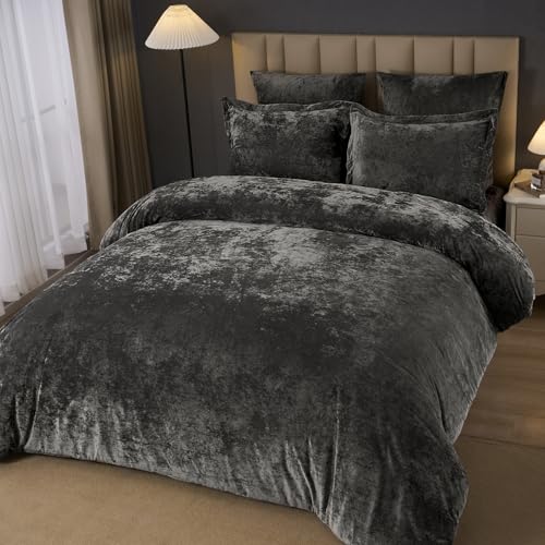 PHF Crushed Velvet Comforter Set King Size, 5-Piece Luxury Winter Bedding Sets with 2 Euro Shams, Heavyweight Warm Fluffy Velvet Bed Spread, Glam Home Decor, Grey PHF