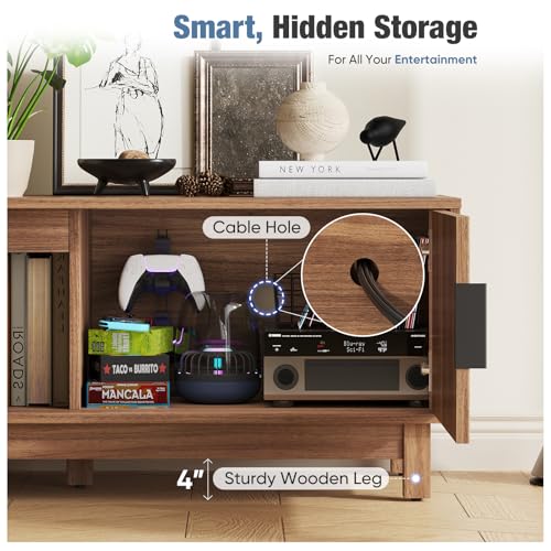 DUMOS 70" Mid Century Modern TV Stand, Mocha Brown Wood Entertainment Center with Storage Cabinets, Media Console Table with Straight Legs & Cable Management for Living Room, Bedroom, Office DUMOS