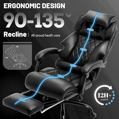 Massage Office Chair with Foot Rest,6 Points Vibration & Heat Executive Office Chairs,Big and Tall Leather Office Chair 500LBS,Ergonomic Desk Chair for Heavy People,Recliner with Dual-Use Pillow,Black BLISNEST