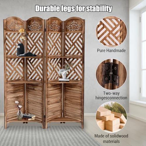 4 Panel Wood Room Divider Folding Privacy Screens, Folding Screen Room Divider with Storage Shelves, Freestanding Wood Farmhouse Divider for Separation, Small Spaces Bedroom Apartment OUTLANE