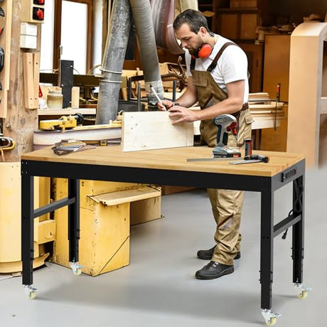 48" Heavy Duty Workbench, Solid Wood Working Bench Adjustable Height Rolling Work Tables with Power Outlets for Home Office, 1800 Lbs Capacity (Metal Wheels丨Rubber Pad丨48 x24 丨Socket) Hombanyan
