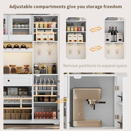 Gyfimoie 71" Pantry Cabinet with LED Light & Outlet, Kitchen Hutch Storage Cabinet with 6 Adjustable Shelves and 3 Hanging Rack Shelves,Food Pantry for Kitchen, Dining Room or Living Room, White Gyfimoie