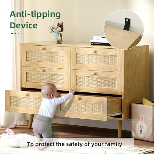 infurnic 6 Drawer Rattan Dresser for Bedroom, Modern Wooden Dresser Chest with Handles for Bedroom, Hallway and Living Room, Wood Oak infurnic