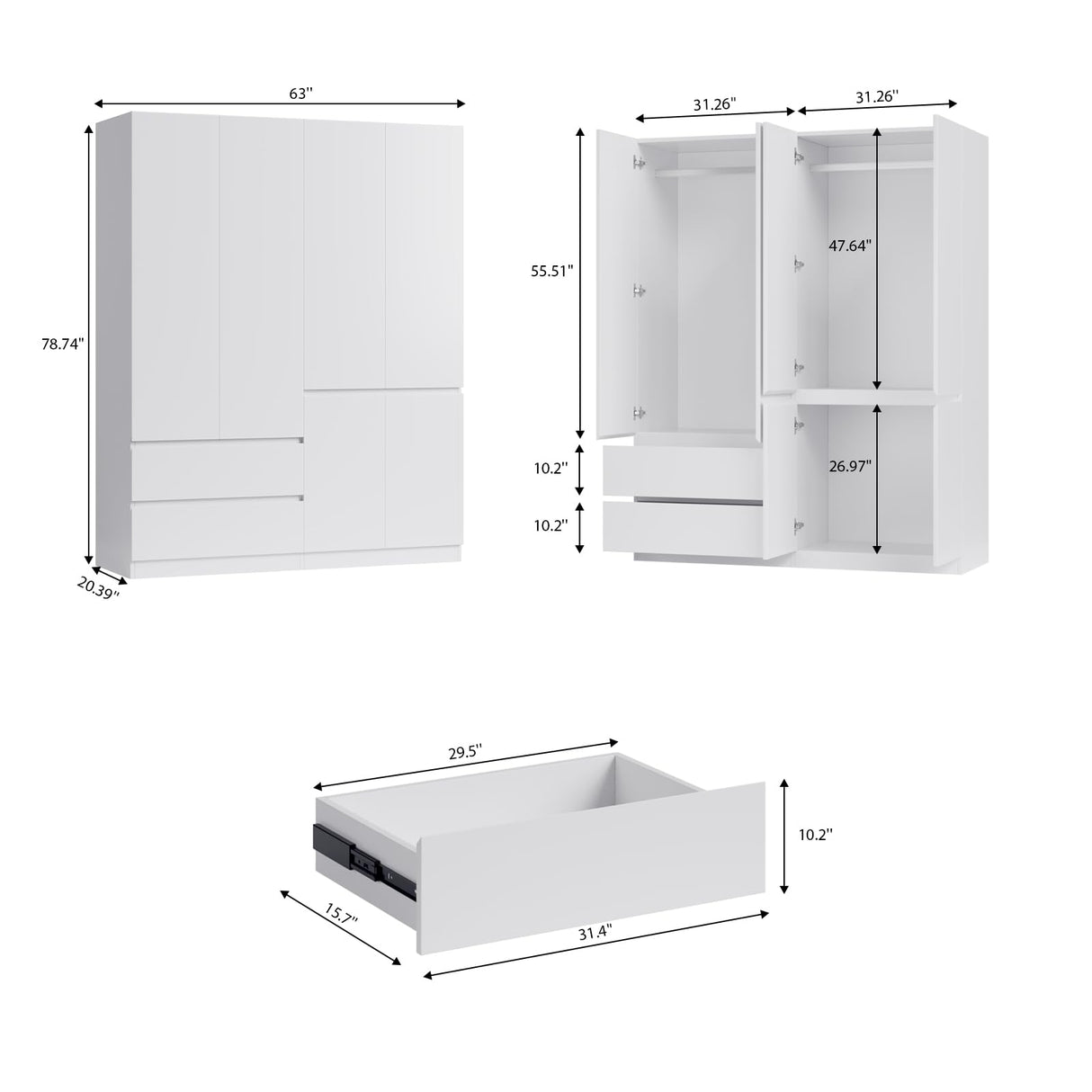 Bobve Bedroom Armoire Wardrobe Closet, Wardrobe Closet Cabinet with 2 Drawers, Wood Wardrobe Closet with 4 Doors, Wardrobe Storage Cabinet with Shelves & Hanging Rod,White(63" L x 20.39" W x 78.74" H) Bobve