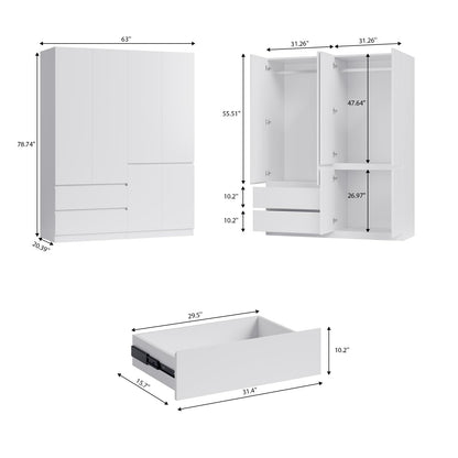 Bobve Bedroom Armoire Wardrobe Closet, Wardrobe Closet Cabinet with 2 Drawers, Wood Wardrobe Closet with 4 Doors, Wardrobe Storage Cabinet with Shelves & Hanging Rod,White(63" L x 20.39" W x  - WoodArtSupply