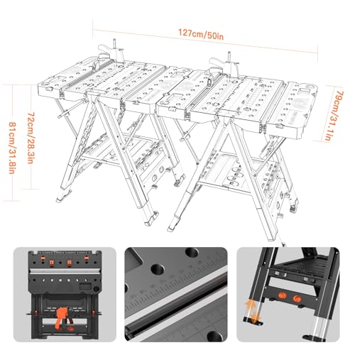 LARBANKE Combined Portable Folding Work Table,2-in-1 Sawhorse & Workbench,Waterproof Workbench with Extra Load Capacity with 8 Woodworking Clamps,8 Connecting Blocks,4 Limit Blocks LARBANKE