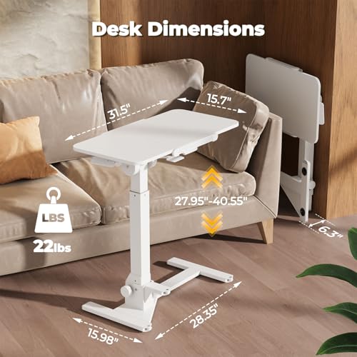 JOY worker Foldable Overbed Bedside Table, 180° Tiltable Mobile Standing Desk with Wheels, 31.5" Pneumatic Height Adjustable Rolling Laptop Desk for Home & Hospital Use, Easy Storage, White JOY worker