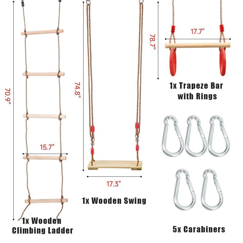 Weavelife 3 Pcs Gym Swing Set Includes Wooden Swing, Trapeze Bar with Rings & Climbing Rope Ladder for Kids, Indoor/Outdoor Play Equipment Combo Toy Gift with Hanging Hooks Weavelife