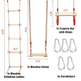 Weavelife 3 Pcs Gym Swing Set Includes Wooden Swing, Trapeze Bar with Rings & Climbing Rope Ladder for Kids, Indoor/Outdoor Play Equipment Combo Toy Gift with Hanging Hooks Weavelife