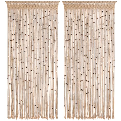 BECHAEO Macrame Beaded Curtain Boho Handmade Cotton Door String Curtain for Doorway Window Wooden Beads Hanging Hippie Room Divider Closet Bedroom Privacy Decor, 2 Panels 79" x 35" BECHAEO