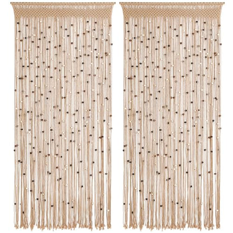 BECHAEO Macrame Beaded Curtain Boho Handmade Cotton Door String Curtain for Doorway Window Wooden Beads Hanging Hippie Room Divider Closet Bedroom Privacy Decor, 2 Panels 79" x 35" BECHAEO