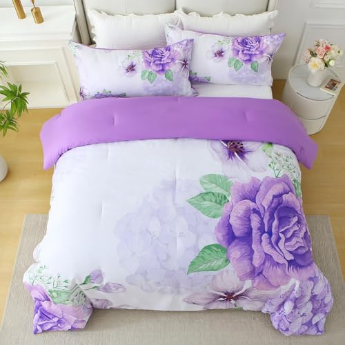 Heymybed Floral Comforter Set Queen Size, 3 Pieces Elegant Purple Floral Bed in a Bag, Soft Microfiber Botanical Flower Bedding Set with 2 Pillowcases for All Season 90"×90" Heymybed