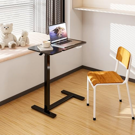 DUMOS Overbed Bedside Table Adjustable with Wheels, Mobile Standing Stand Up Rolling Laptop PC Desks with Tilting Top Height Tray Sofa Side Computer Workstation for Bedroom on Hospital Home Use, Black DUMOS