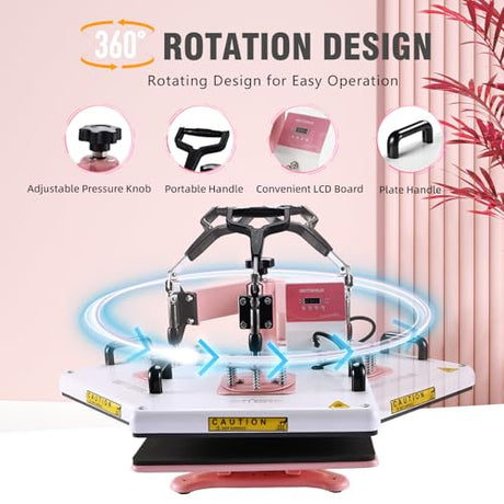 BetterSub 5 in 1 Heat Press Machine 12x15 inch, Industrial-Quality Sublimation Press with 30oz Tumbler Attachment & Curved Hat Plate, 360° Swivel Design for T-Shirts, Vinyl, DTF Film - Pink BetterSub